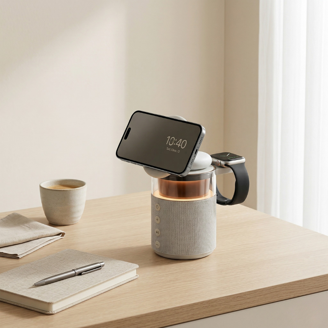 マグネット式ワイヤレス充電ステーション - iPhone、iWatch＆AirPodsハブ、スピーカーとLEDランプ一体型
