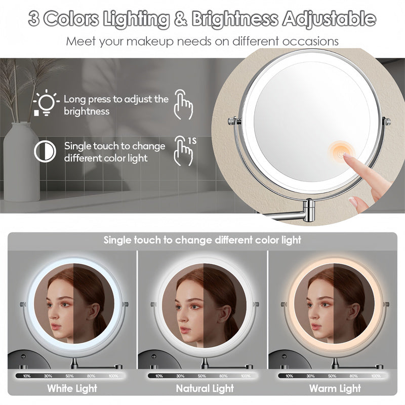 Luxa Rechargeable Wall-Mounted Shaving Mirror — 1X and 10X Magnification, LED Illumination