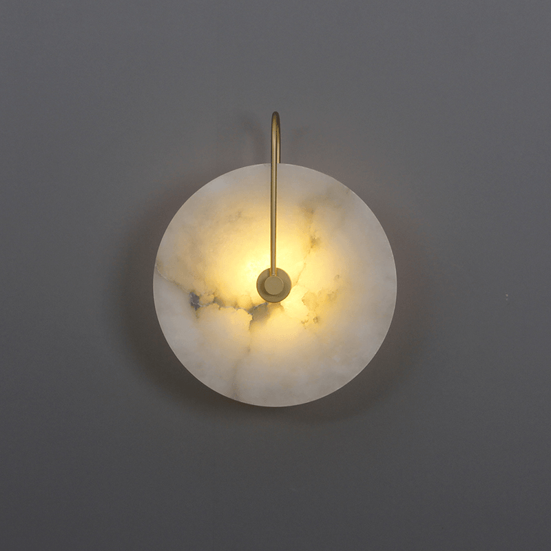 Alabaster LED Disc Wall Sconce — Warm Light, Black Arm
