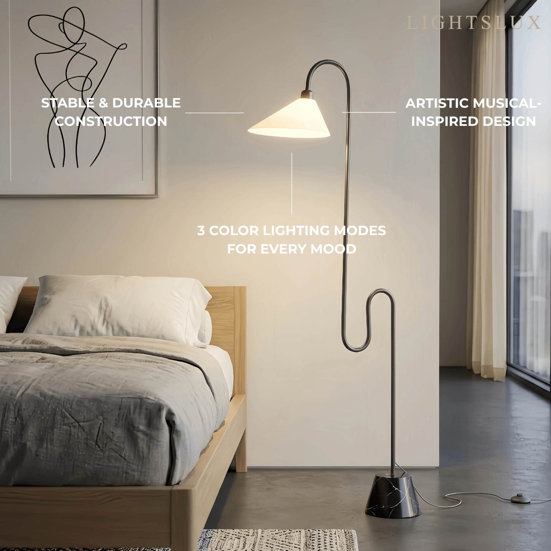 Postmoderne svart gulvlampe – metallbase med tekstilhette for soverom - Flindria