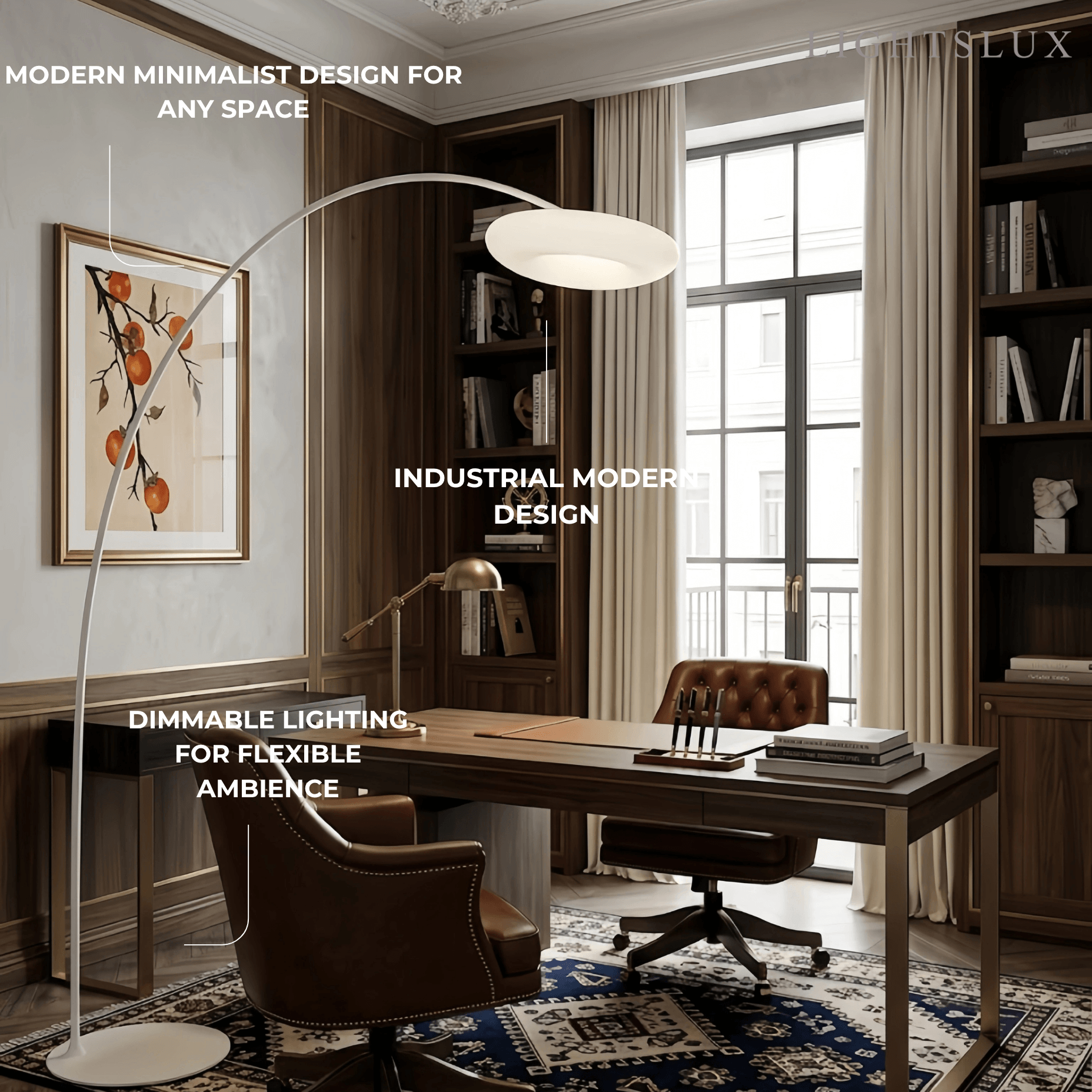 Lampadaire Minimaliste - Design Courbé Noir/Blanc, Dimmable pour Salon - Flindria
