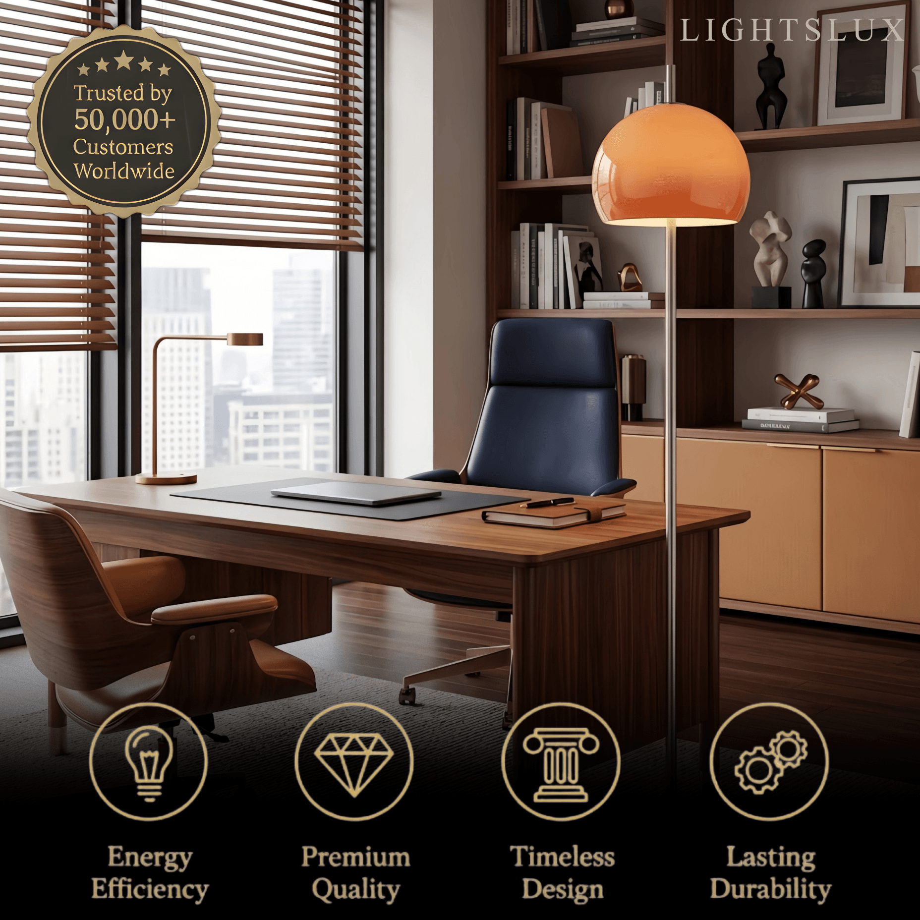 Modern Round Floor Lamp - Metal/Glass in Orange for Living Room - Flindria