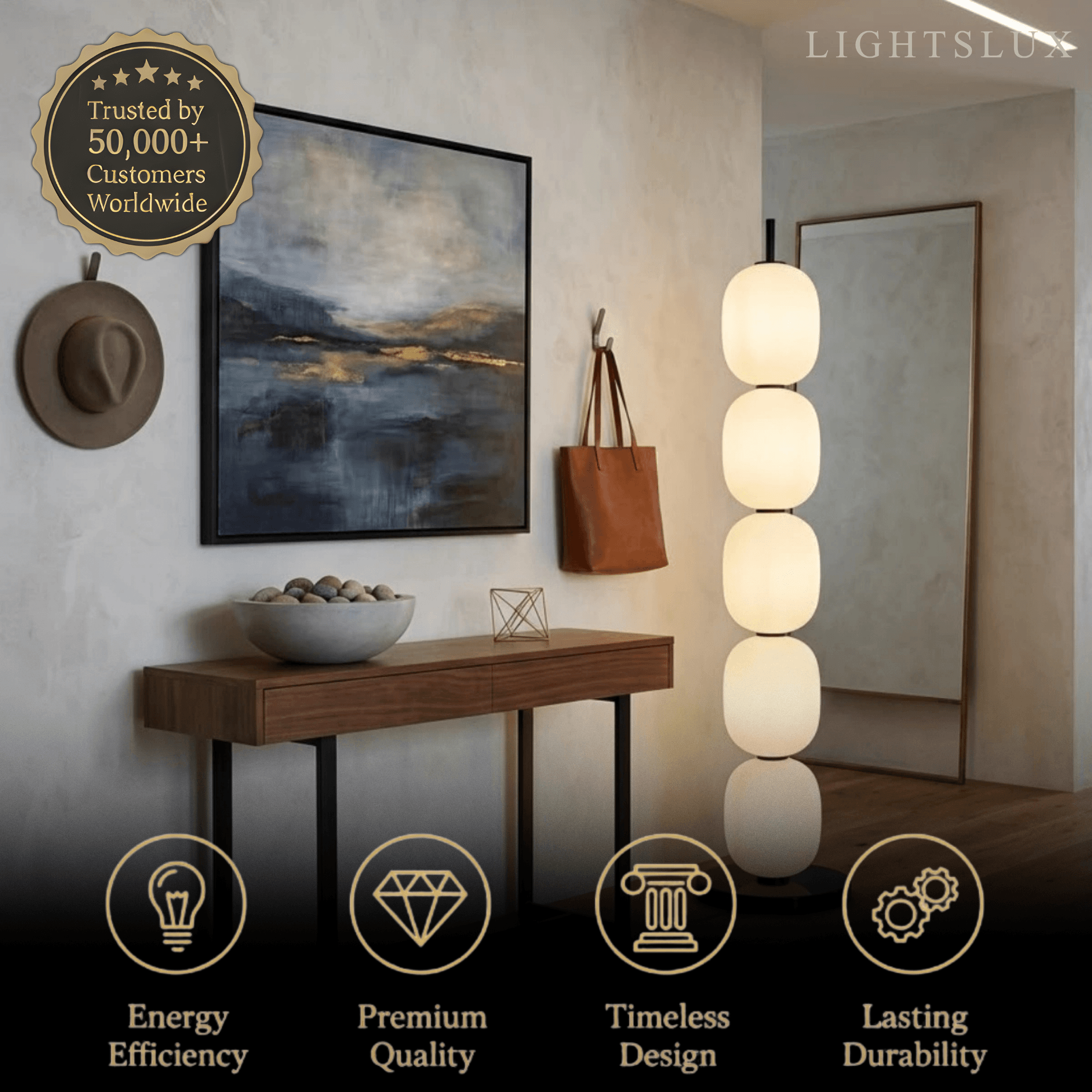 Moderne hvit gulvlampe – glasslanterne-design for stue - Flindria
