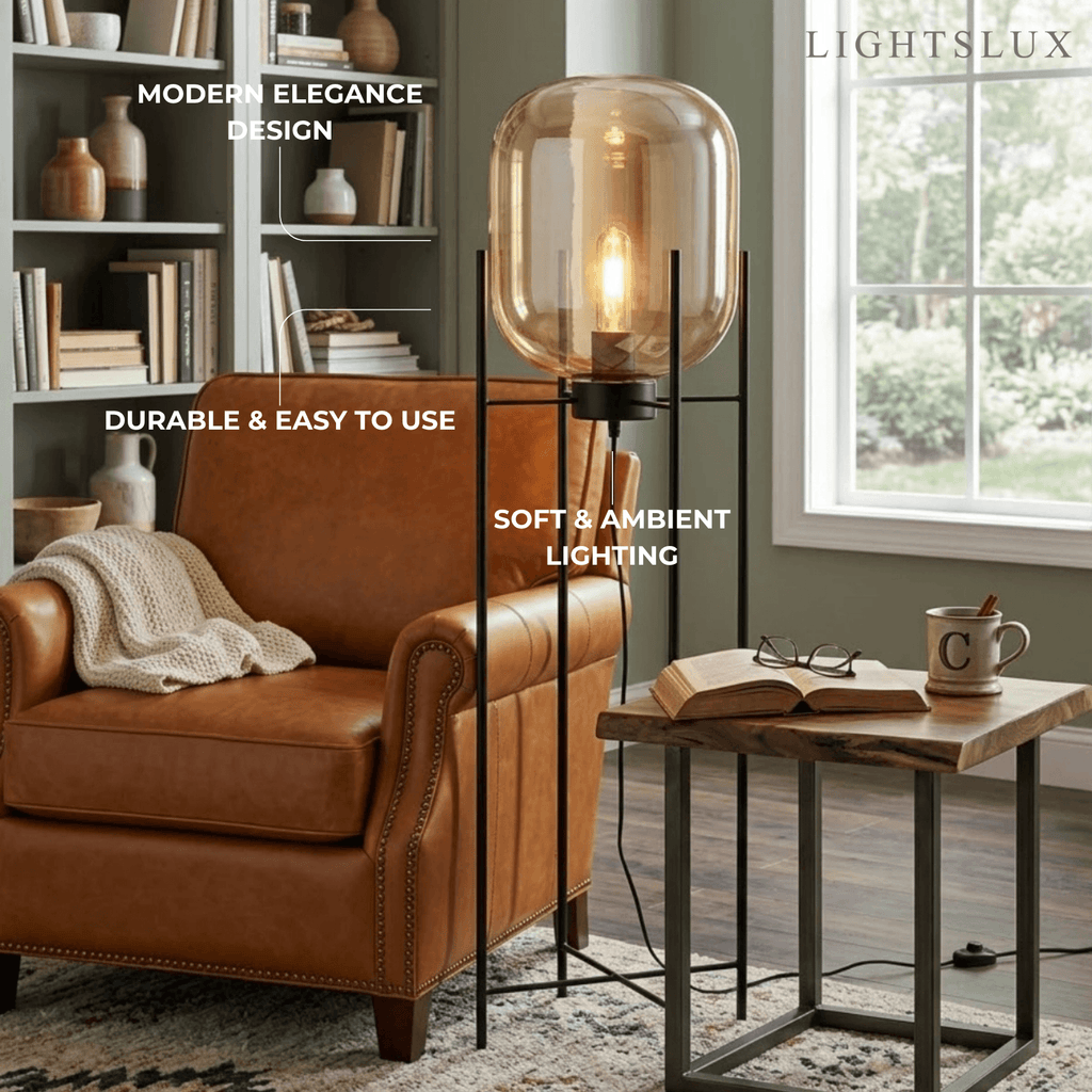 Designer Floor Lamp – Clear Glass & Metal Elliptical Design for Living Room - Flindria