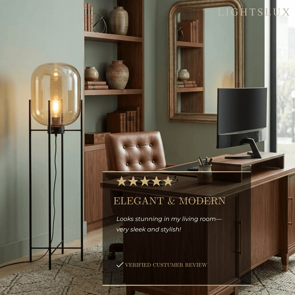 Designer Floor Lamp – Clear Glass & Metal Elliptical Design for Living Room - Flindria