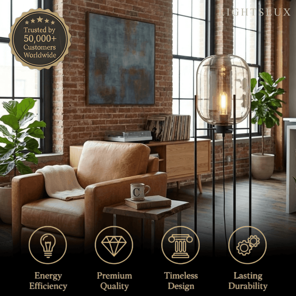 Designer Floor Lamp – Clear Glass & Metal Elliptical Design for Living Room - Flindria