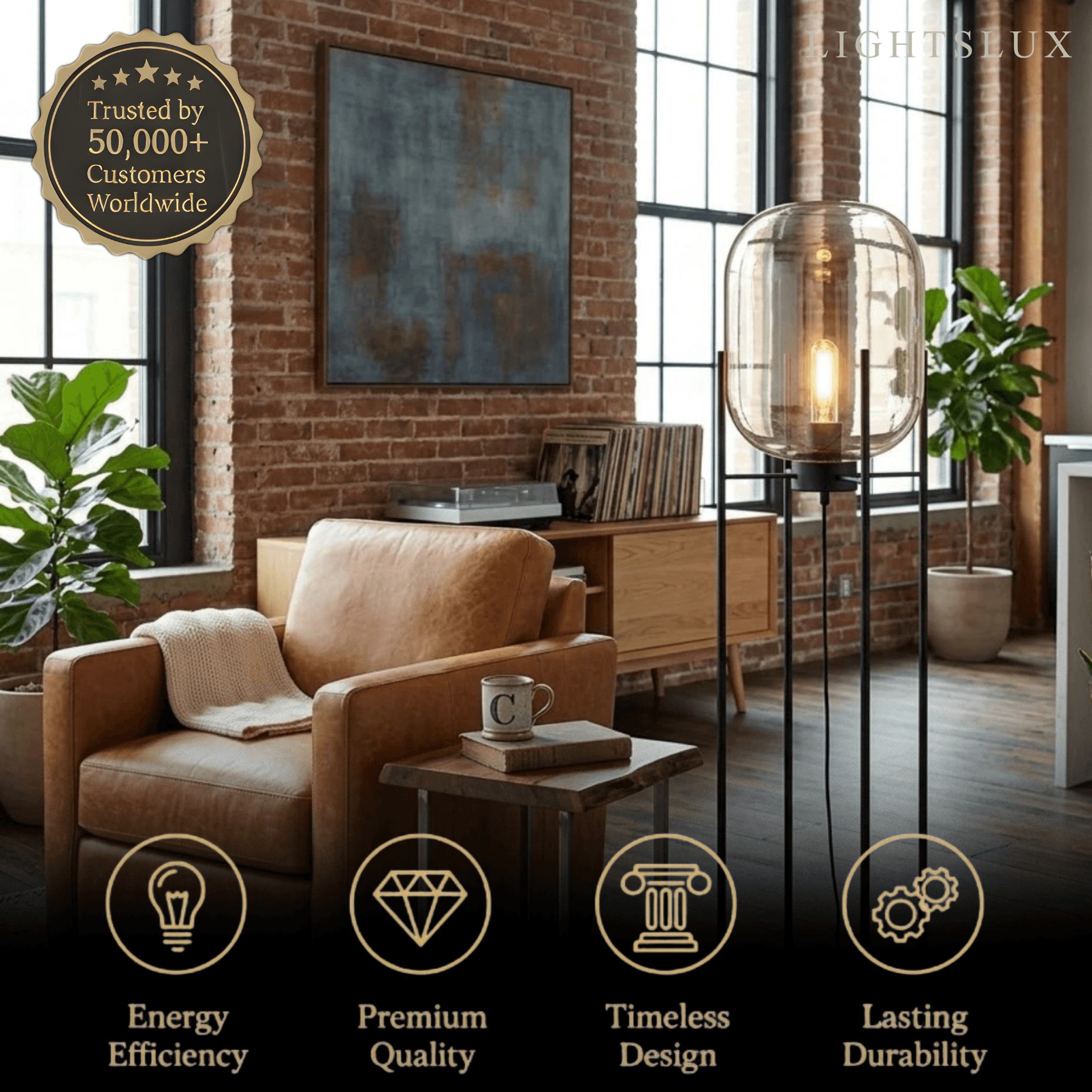 Designer Floor Lamp – Clear Glass & Metal Elliptical Design for Living Room - Flindria