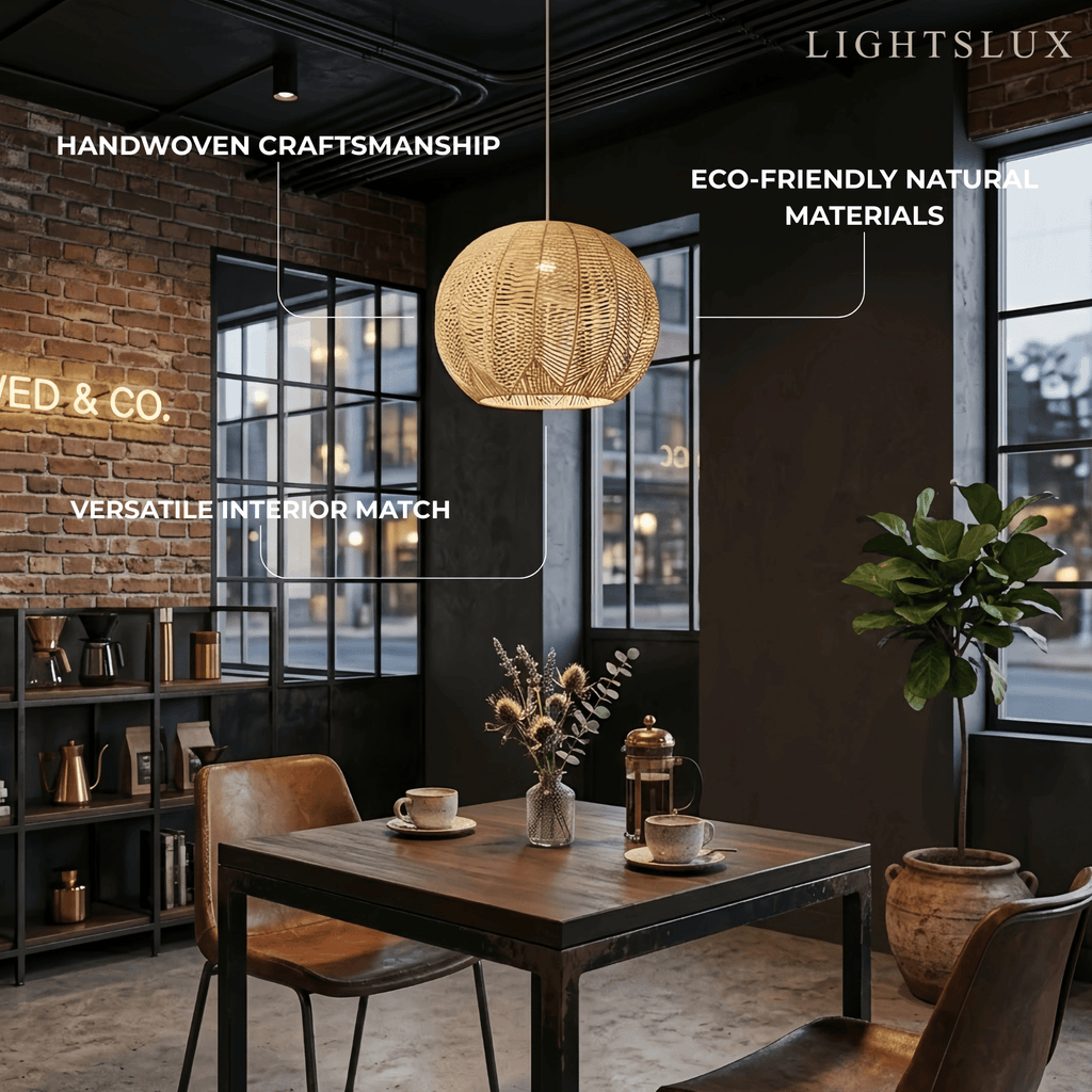 Farmhouse Wood Pendant Light – Metal & Rattan Globe for Bedroom - Flindria