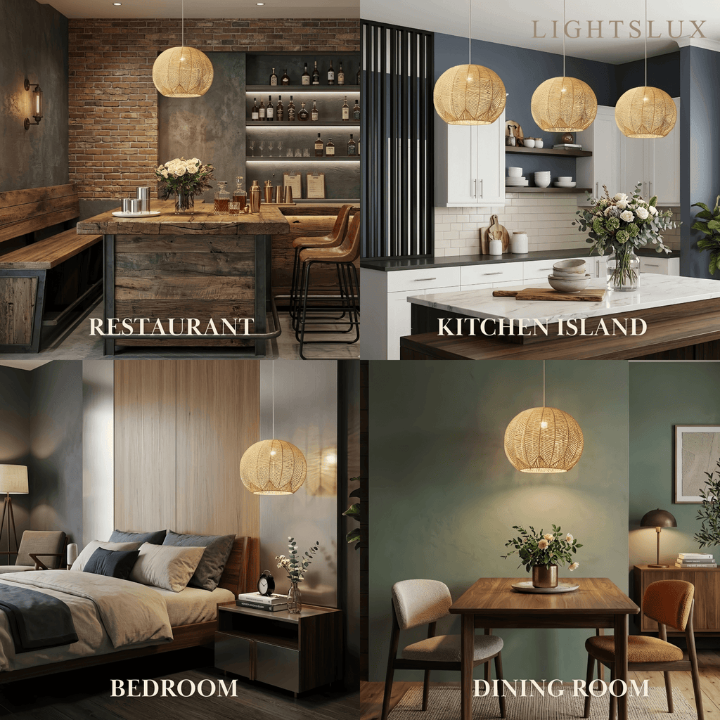 Farmhouse Wood Pendant Light – Metal & Rattan Globe for Bedroom - Flindria