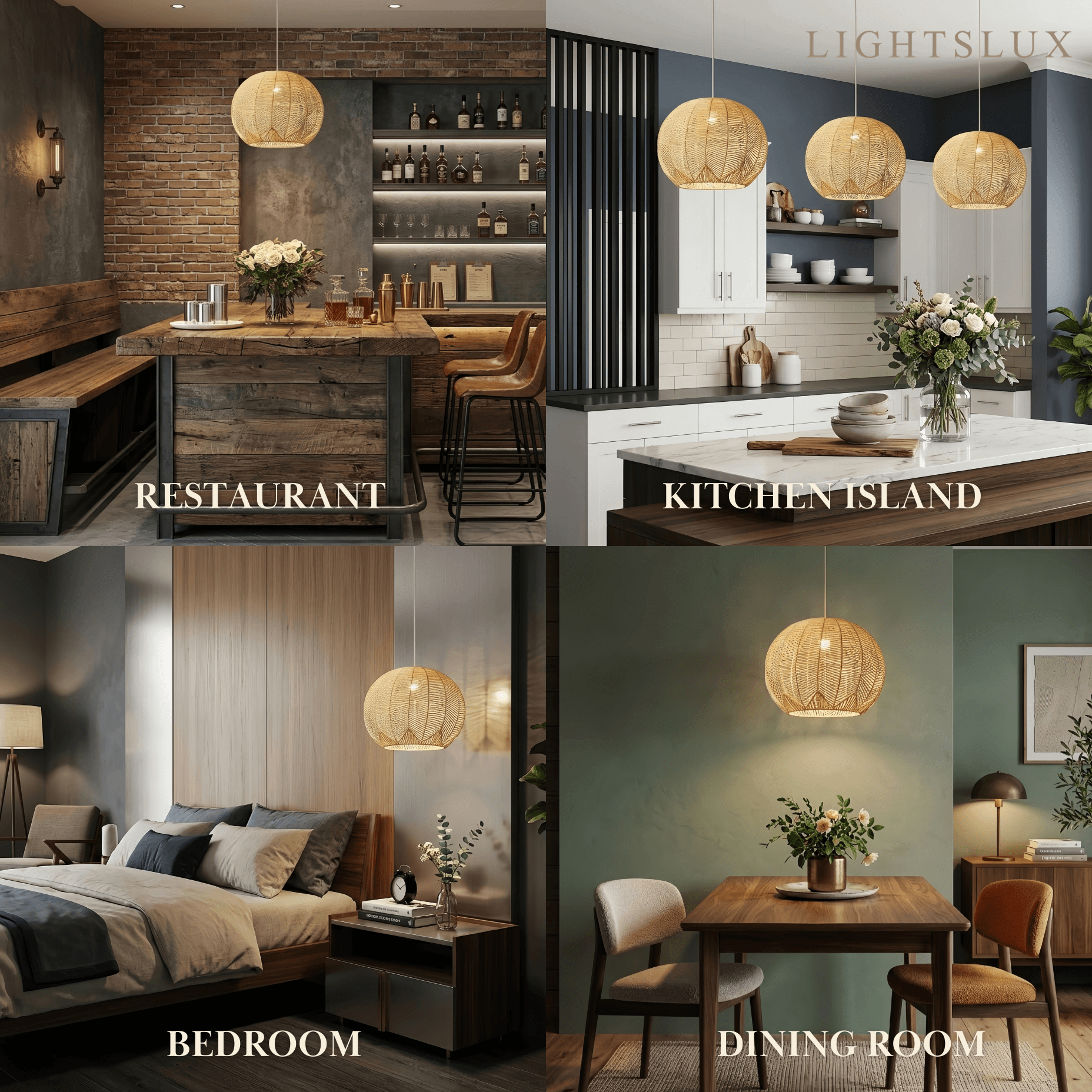 Farmhouse Wood Pendant Light – Metal & Rattan Globe for Bedroom - Flindria