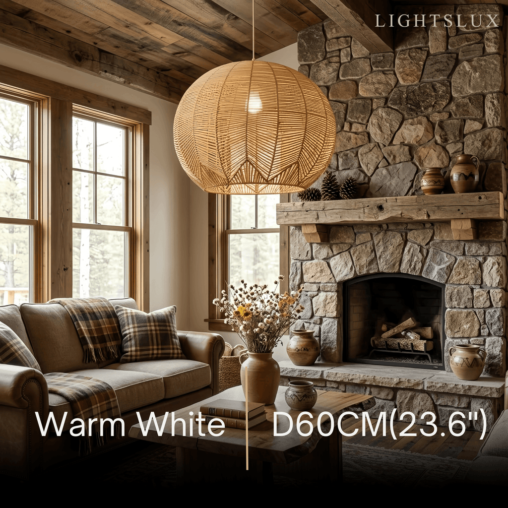 Farmhouse Wood Pendant Light – Metal & Rattan Globe for Bedroom - Flindria