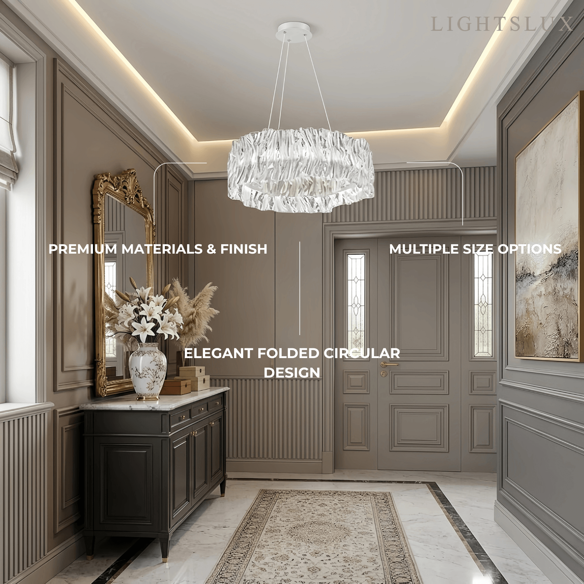 Designer Luxury Pleated Pendant Light – White/Gold/Chrome Acrylic for Living Room - Flindria