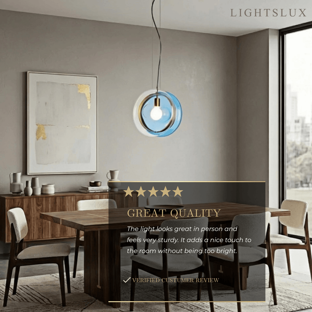Designer Round Pendant Light – Blue/Pink/Clear Glass & Metal for Living Room - Flindria