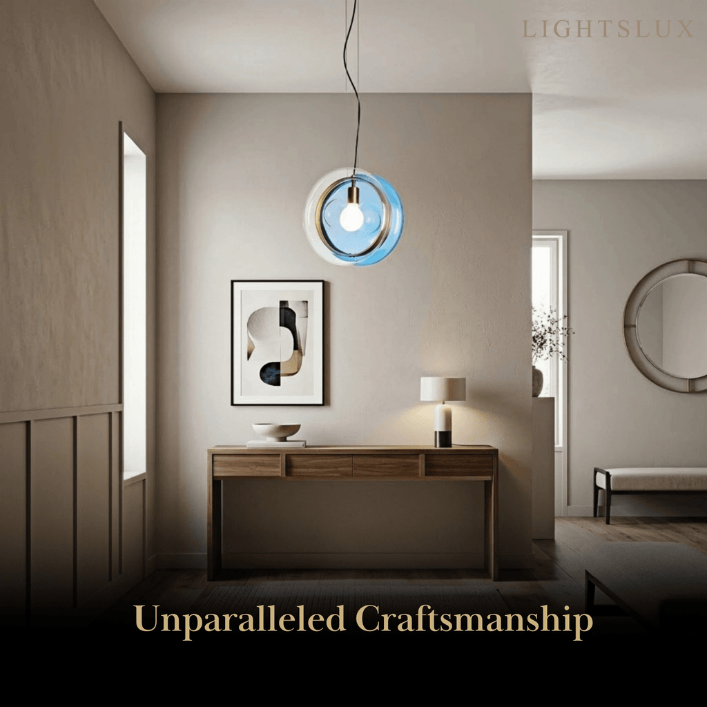 Designer Round Pendant Light – Blue/Pink/Clear Glass & Metal for Living Room - Flindria