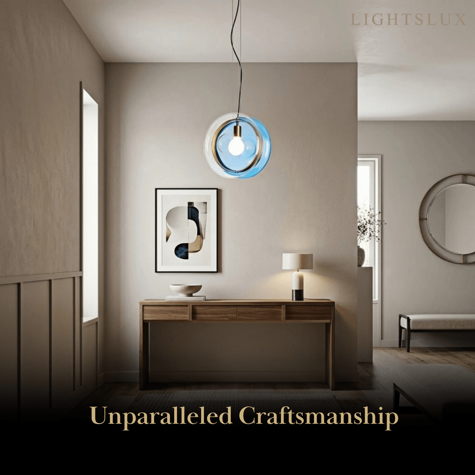 Designer Round Pendant Light – Blue/Pink/Clear Glass & Metal for Living Room - Flindria