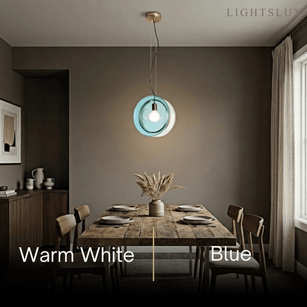 Designer Round Pendant Light – Blue/Pink/Clear Glass & Metal for Living Room - Flindria