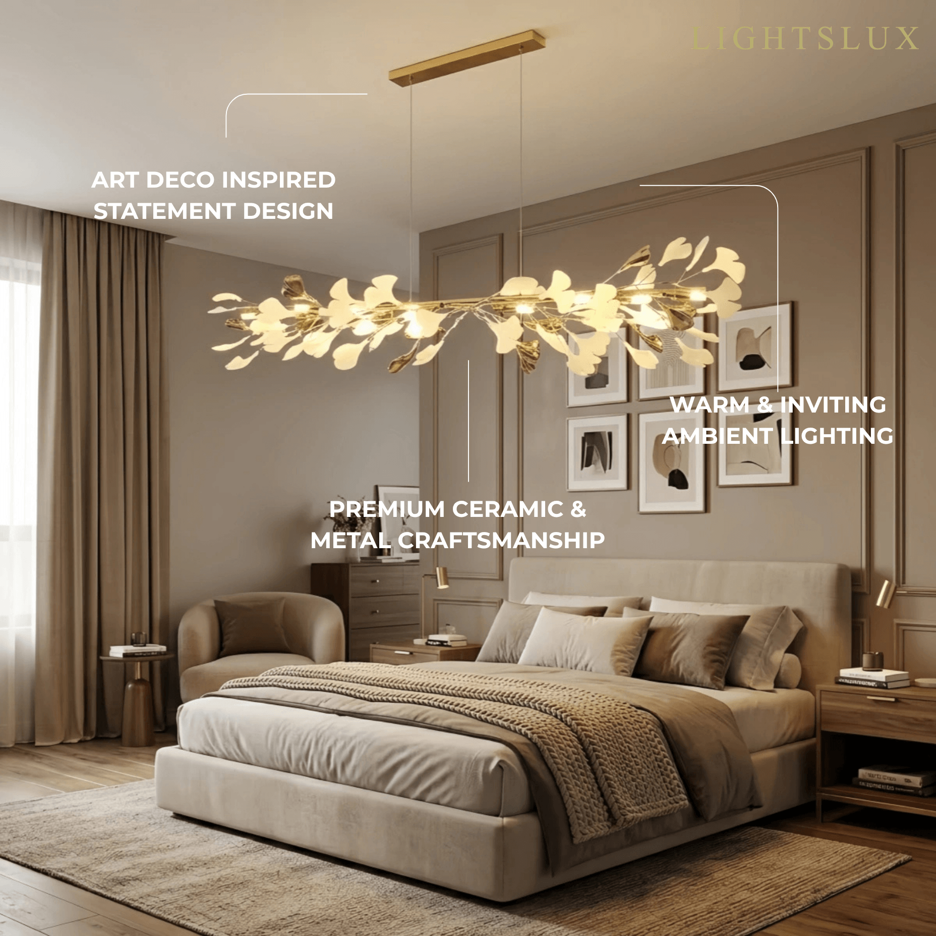Art Deco Chandelier - Gold Ceramic/Metal for Living Room - Flindria