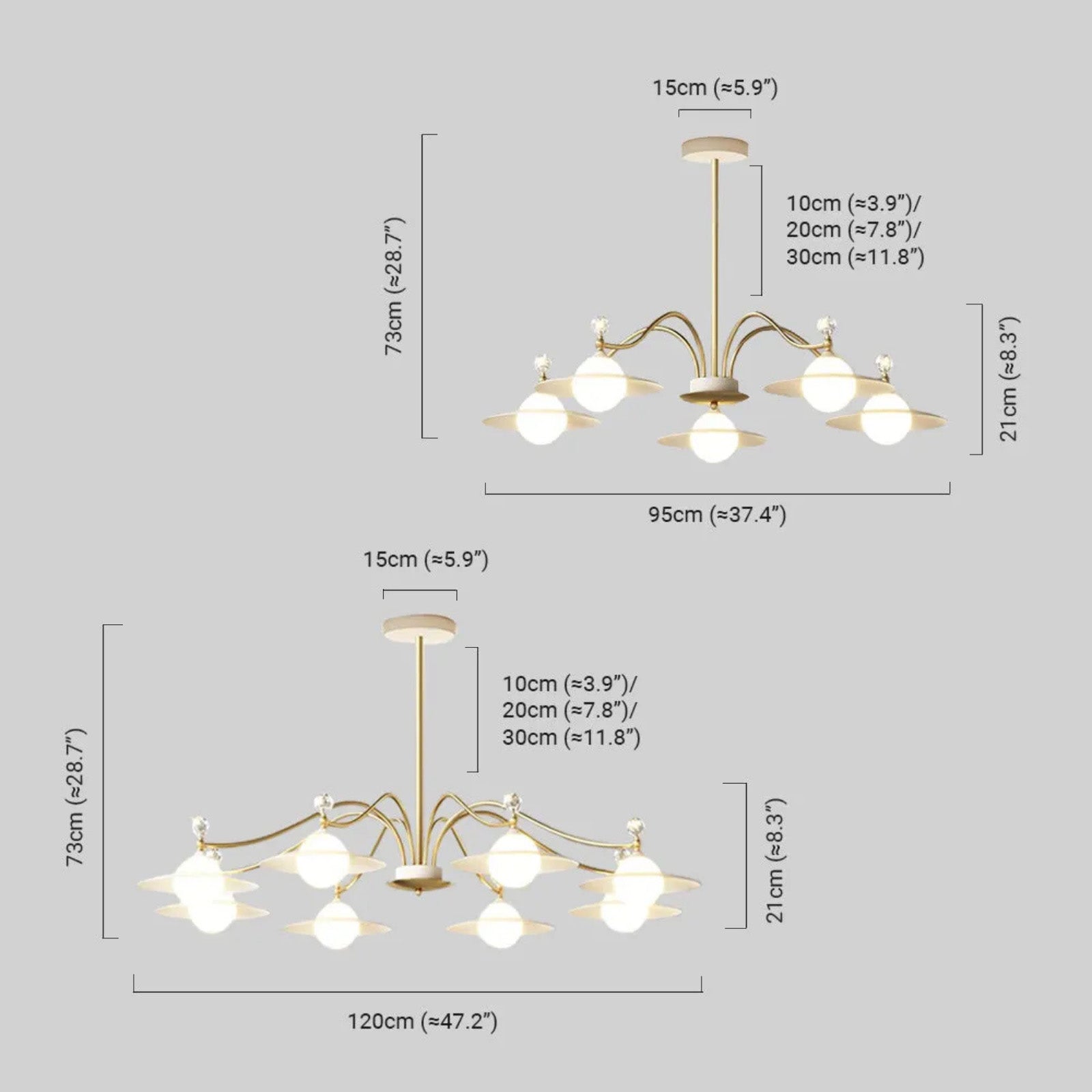 Candelabro moderno de cristal - 6/8 cabezas de metal dorado y vidrio para sala de estar/comedor - Flindria