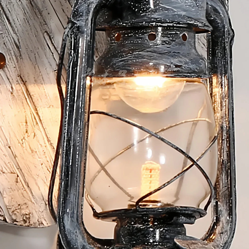 Vintage Lantern Wall Lamp — Black Metal & Wood Living Room - Flindria
