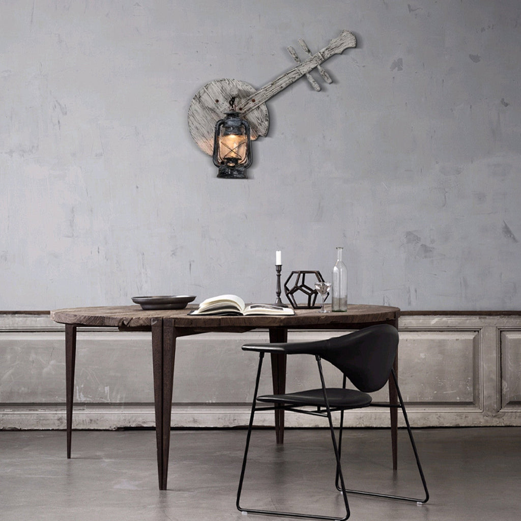 Vintage Lantern Wall Lamp — Black Metal & Wood Living Room - Flindria