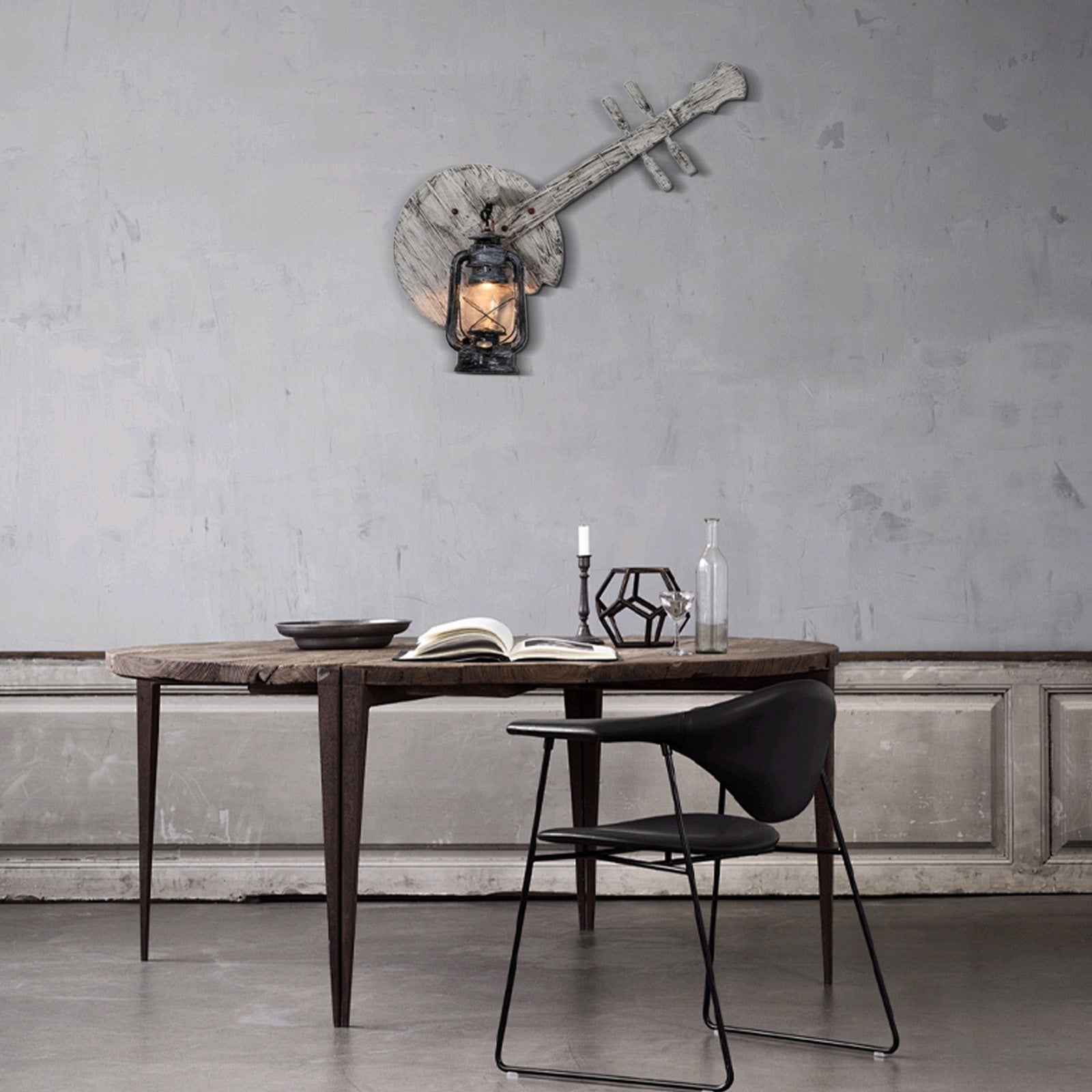 Vintage Lantern Wall Lamp — Black Metal & Wood Living Room - Flindria