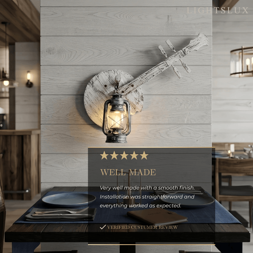 Vintage Lantern Wall Lamp — Black Metal & Wood Living Room - Flindria