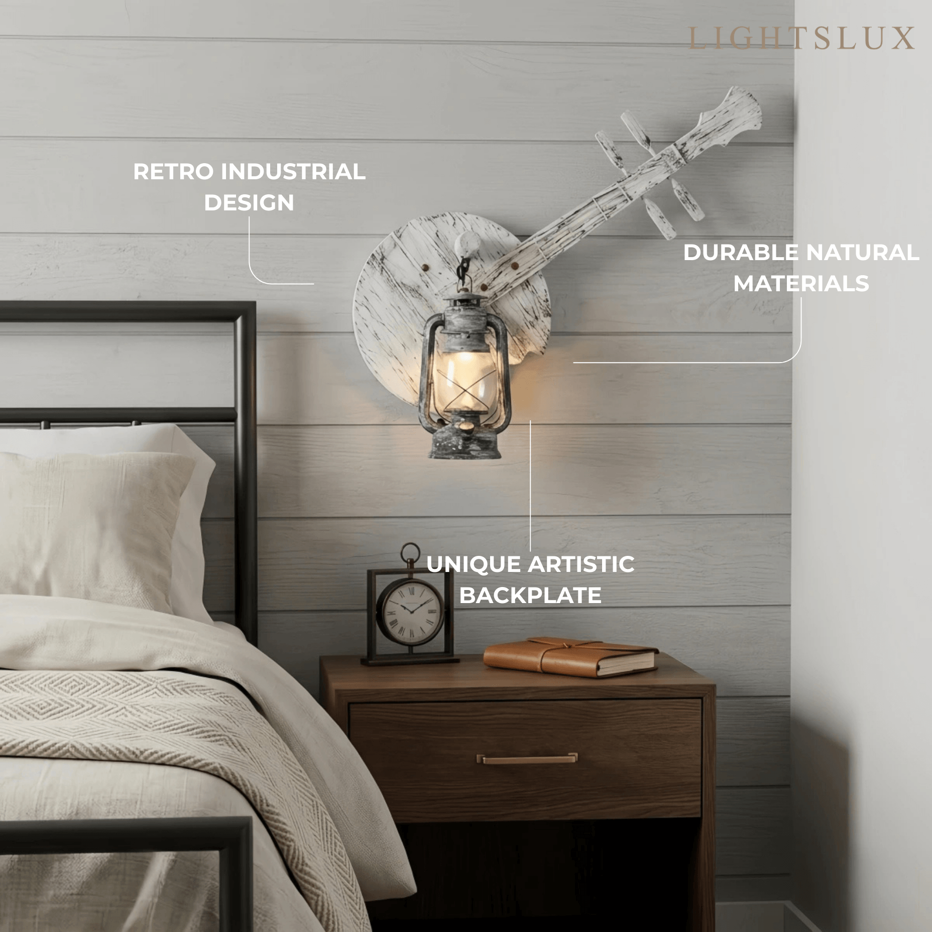 Vintage lykta vägglampa — svart metall och trä för vardagsrum - Flindria