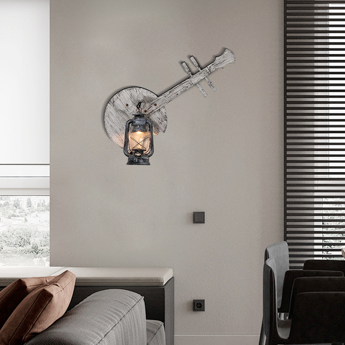 Vintage Lantern Wall Lamp — Black Metal & Wood Living Room - Flindria
