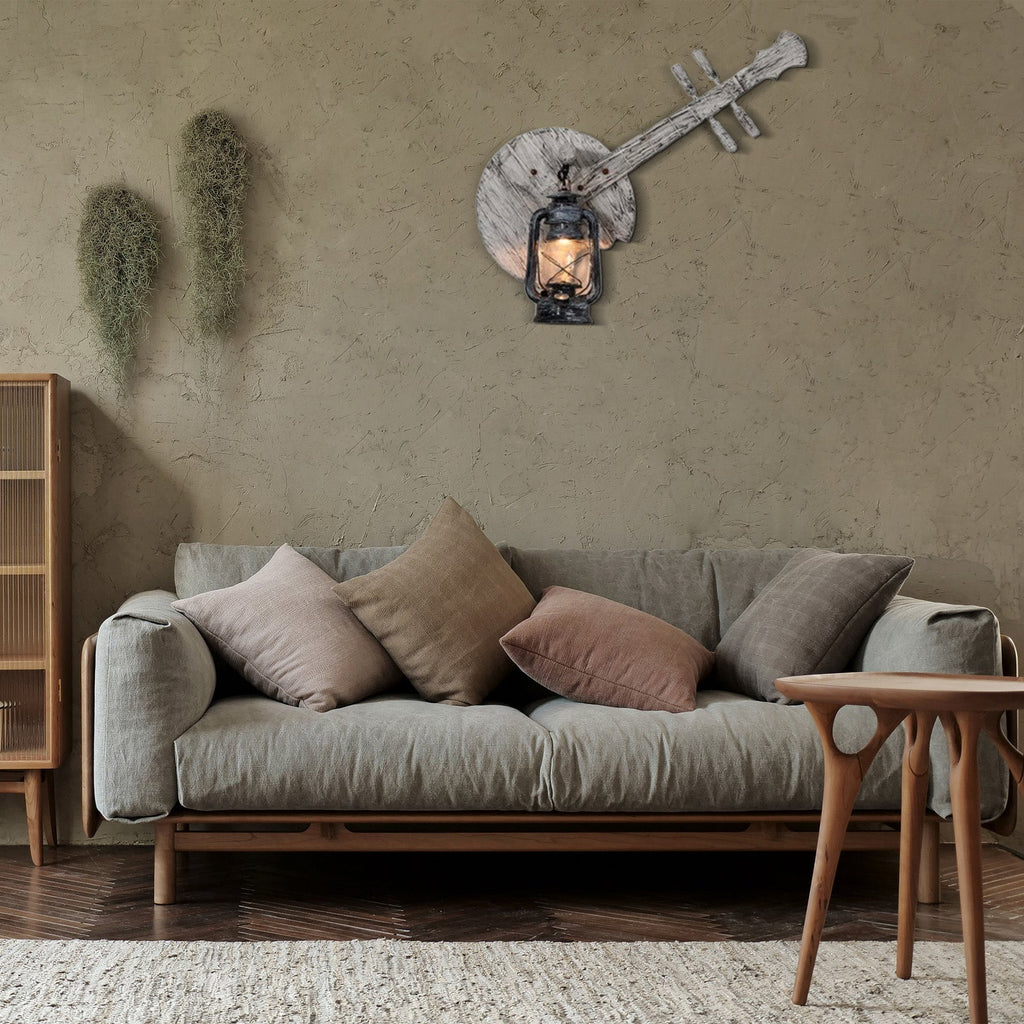 Vintage Lantern Wall Lamp — Black Metal & Wood Living Room - Flindria