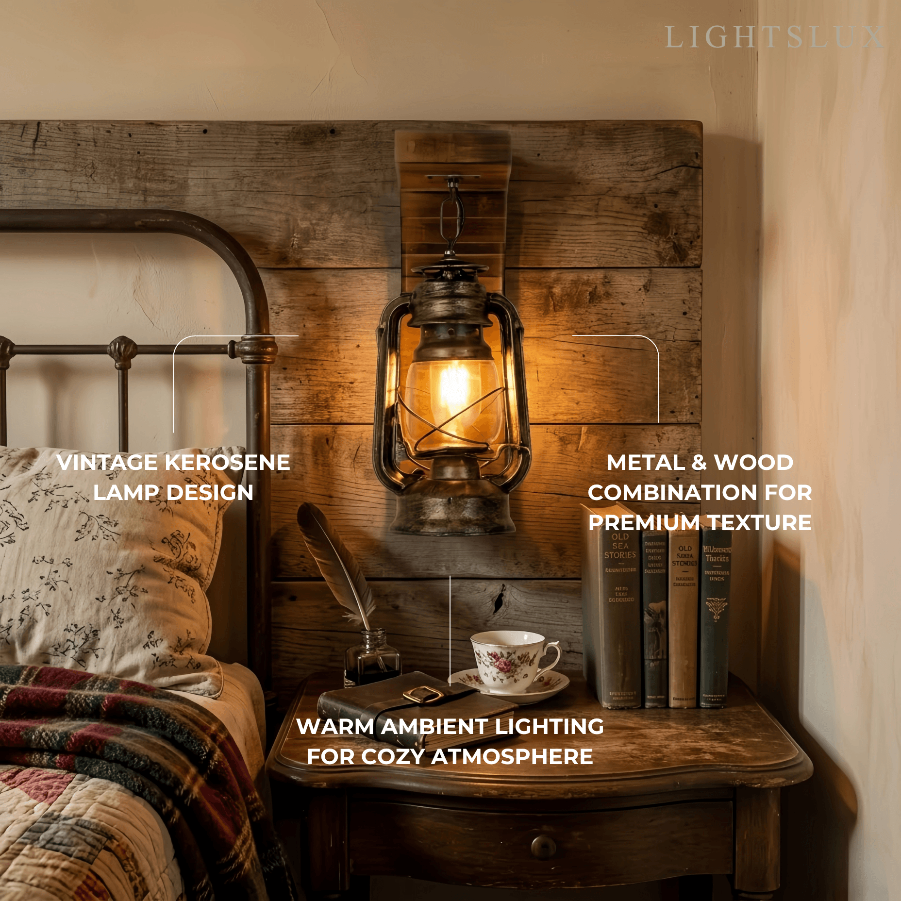Vintage Wood/Metal Wall Sconce - Burlywood Lantern for Bedroom - Flindria