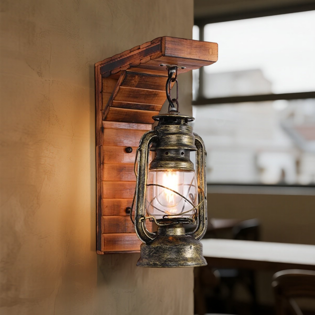 Vintage Wood/Metal Wall Sconce - Burlywood Lantern for Bedroom - Flindria
