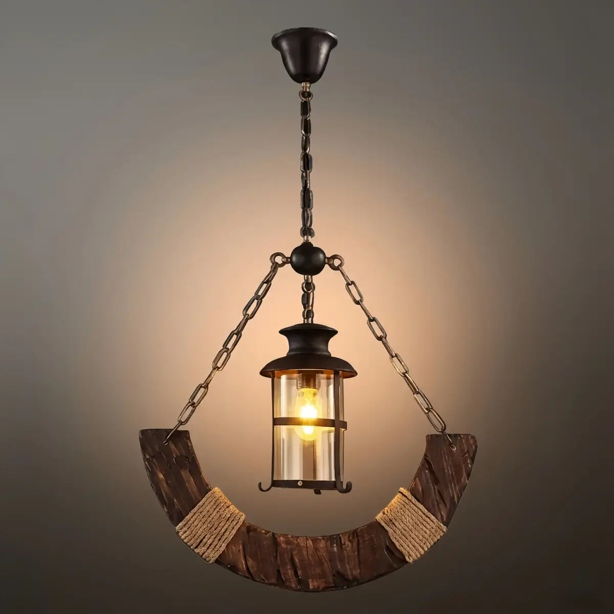 Suspension arc rustique — Bois, métal et lanterne en verre pour salle à manger - Flindria