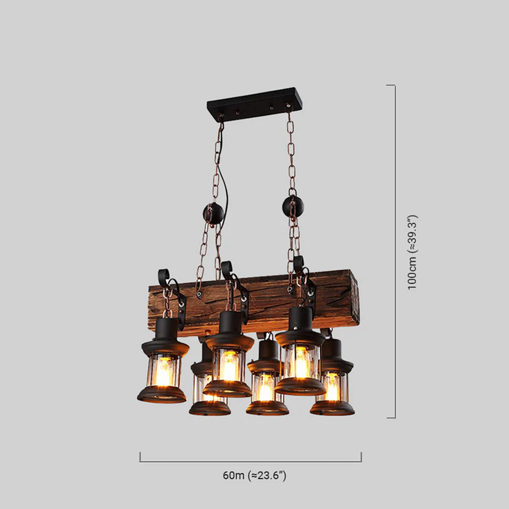 Lámpara colgante rectangular vintage – Linterna de madera y metal para comedor - Flindria