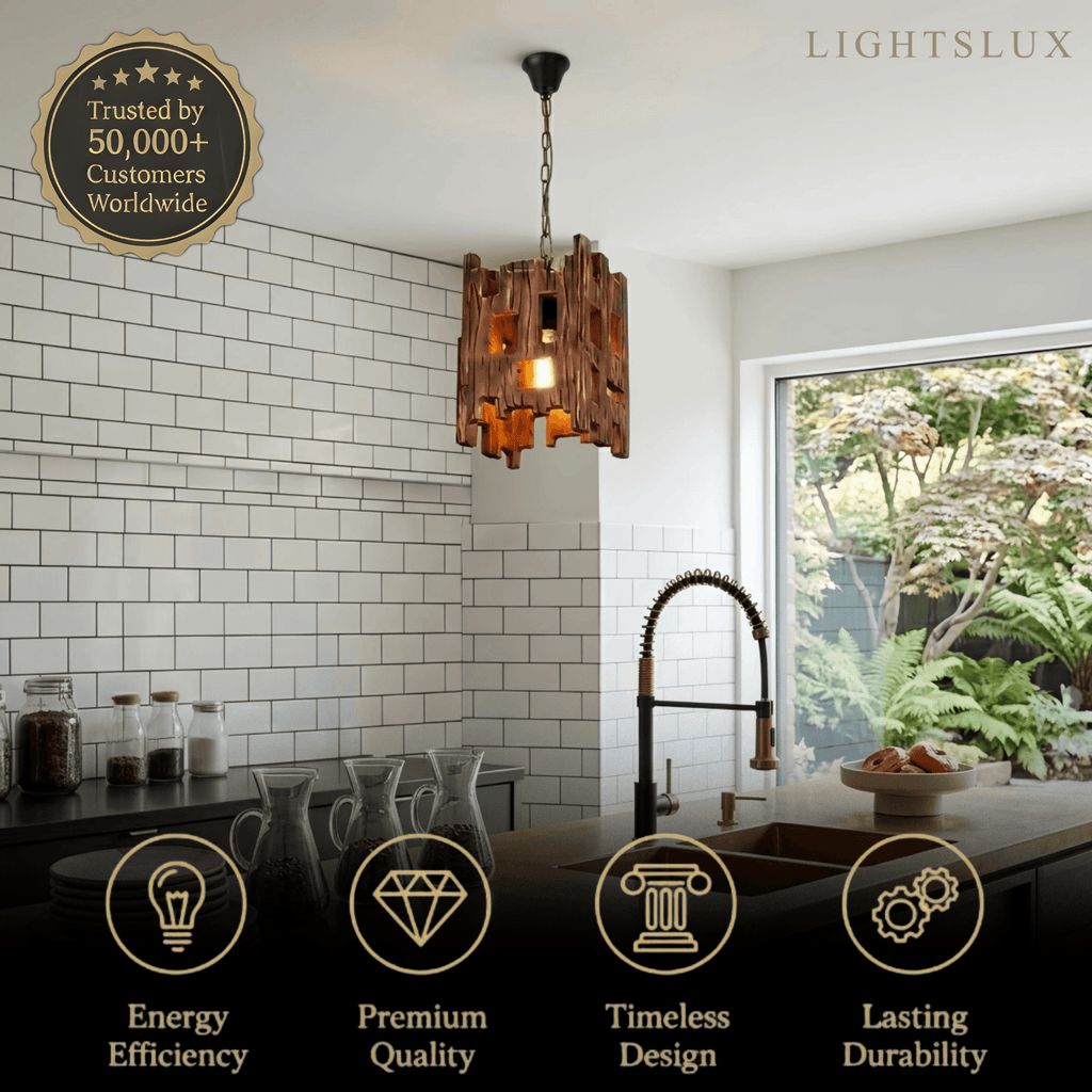 Rustic Wood Pendant Light - Rectangular Wood for Dining Room, Bedroom - Flindria