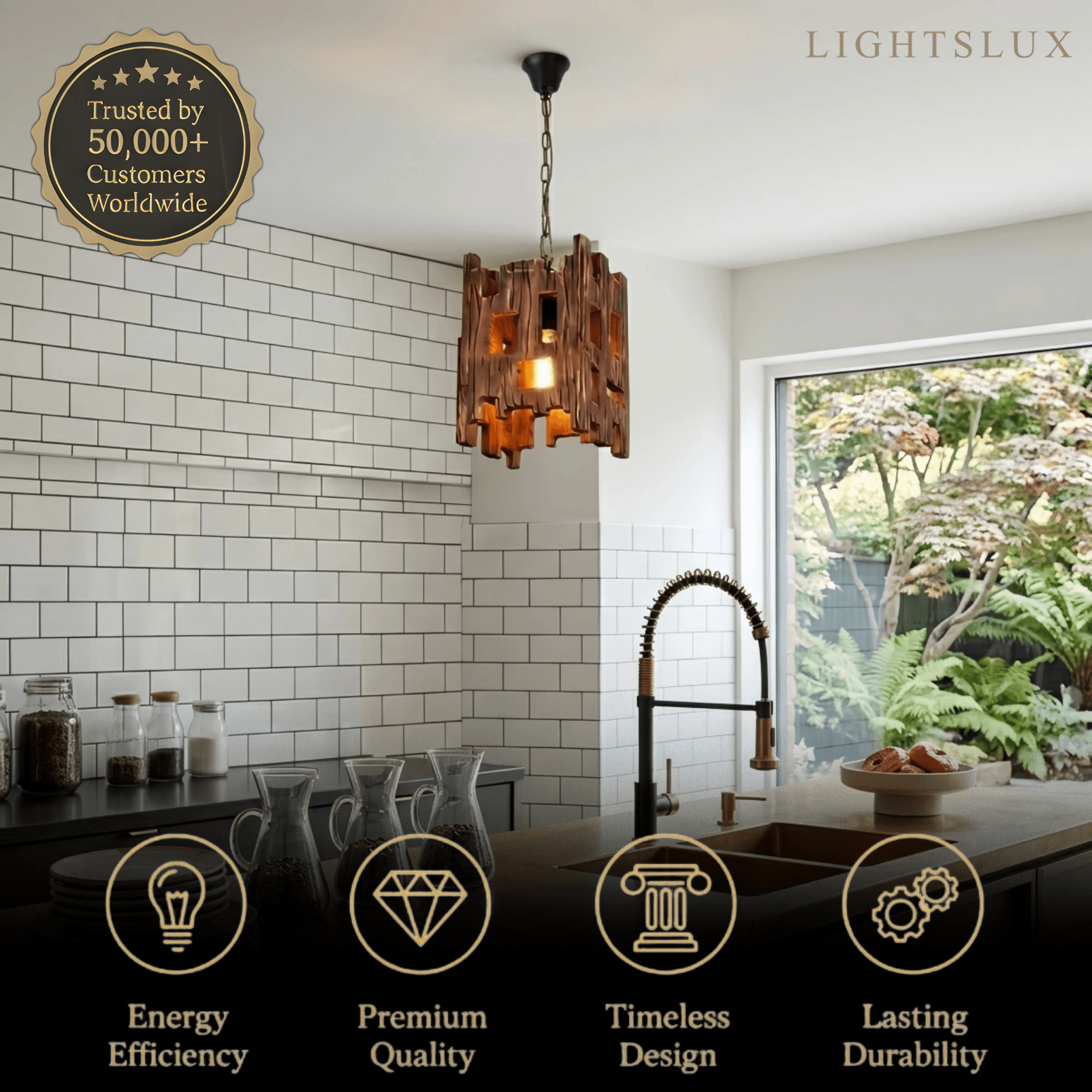 Rustic Wood Pendant Light - Rectangular Wood for Dining Room, Bedroom - Flindria