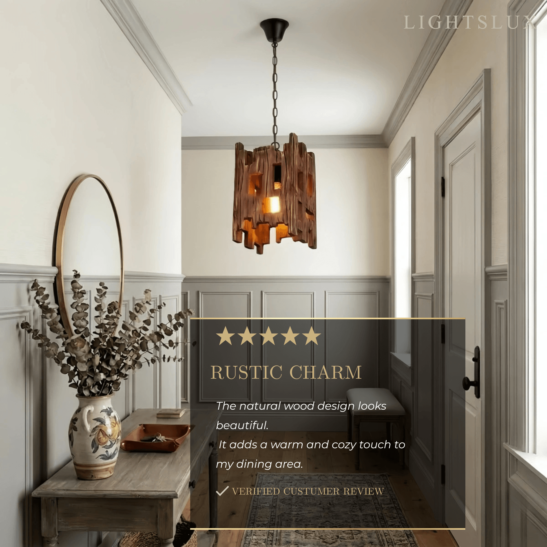 Rustic Wood Pendant Light - Rectangular Wood for Dining Room, Bedroom - Flindria