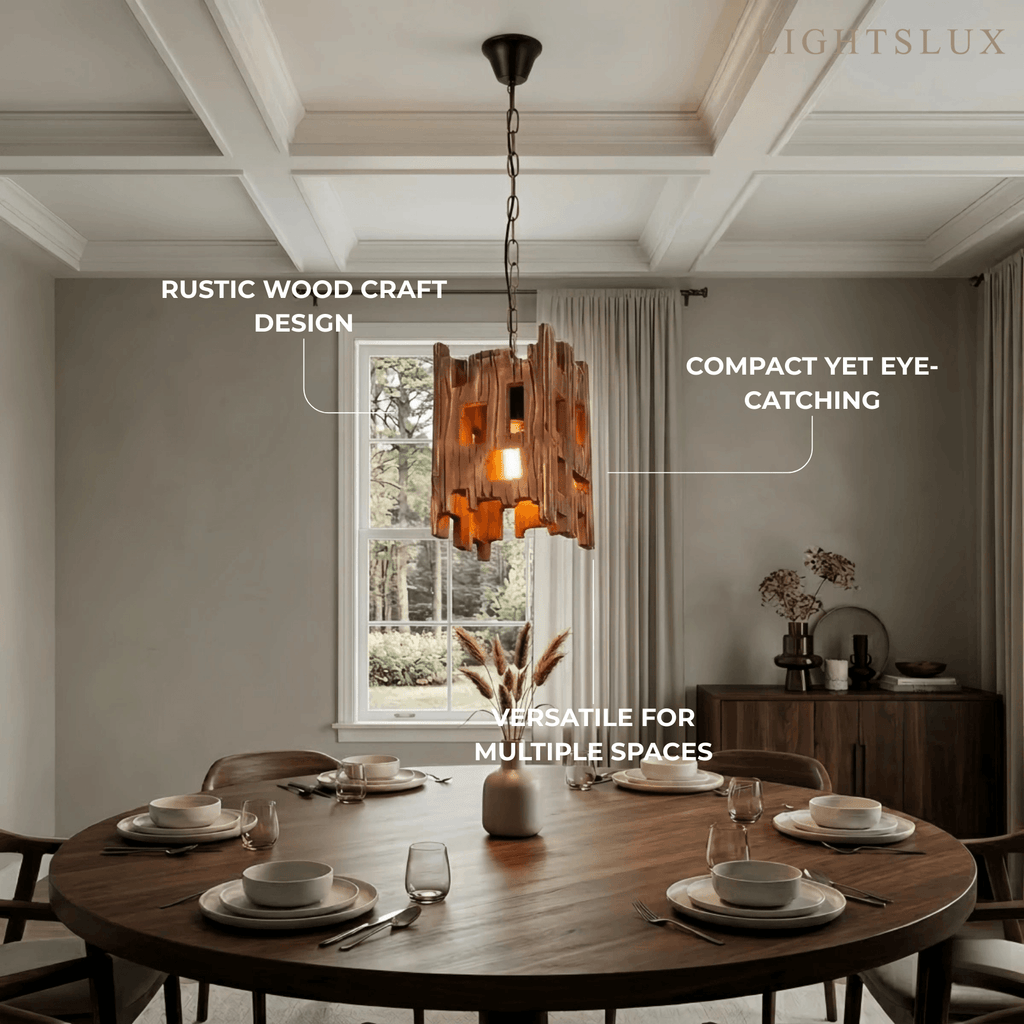 Rustic Wood Pendant Light - Rectangular Wood for Dining Room, Bedroom - Flindria