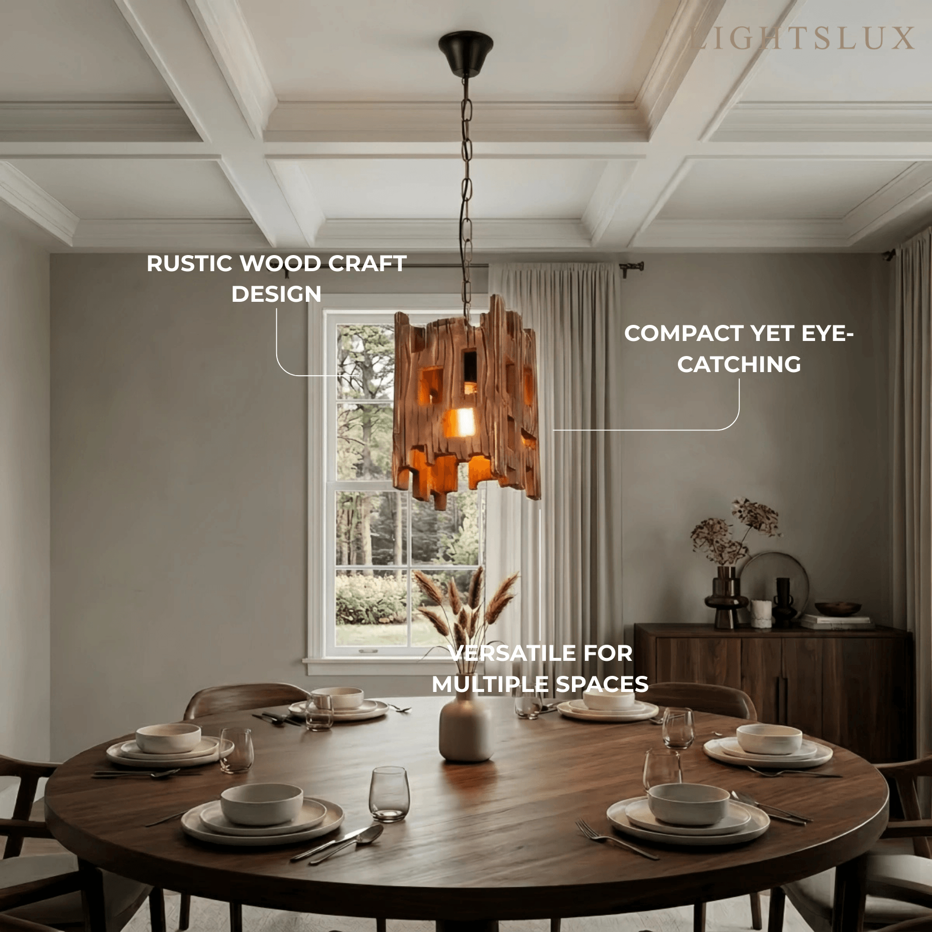 Rustic Wood Pendant Light - Rectangular Wood for Dining Room, Bedroom - Flindria