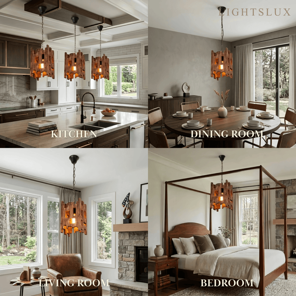 Rustic Wood Pendant Light - Rectangular Wood for Dining Room, Bedroom - Flindria