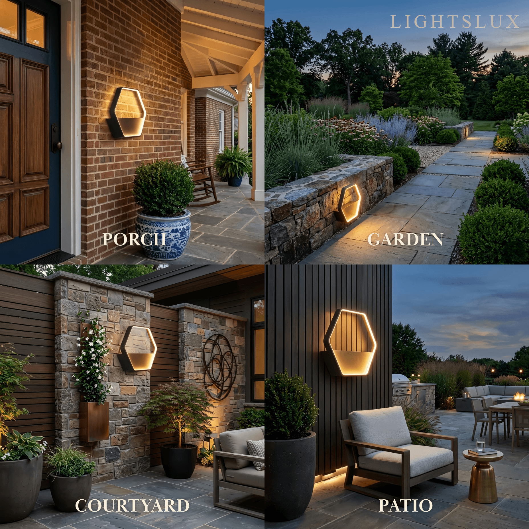 Aplique de pared exterior Art Deco - Diseño hexagonal de metal negro para patio - Flindria