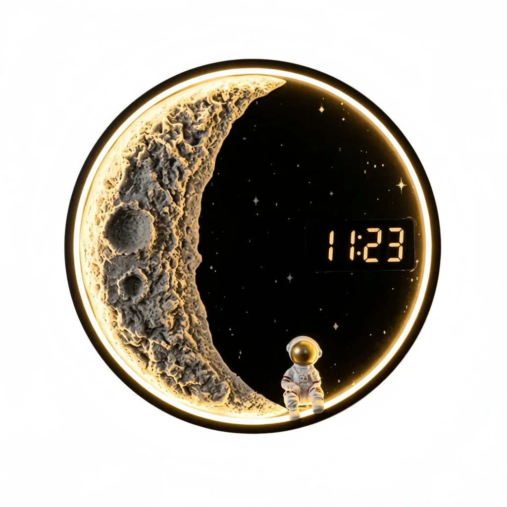 Art Deco Astronaut Wall Lamp - Modern Moon Metal Clock Light for Bedroom - Flindria