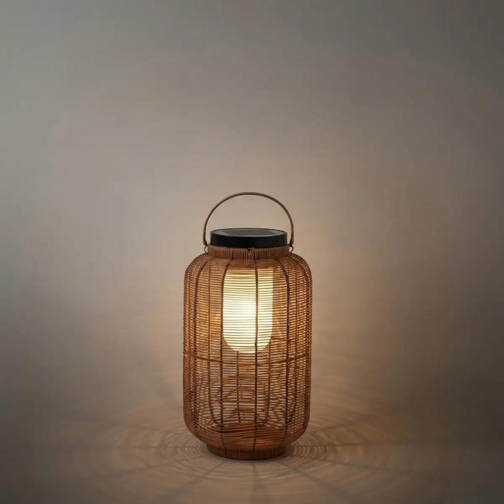 Farmhouse Floor Lamp -Metal/Rattan Lantern in Natural Wood Color Garden - Flindria