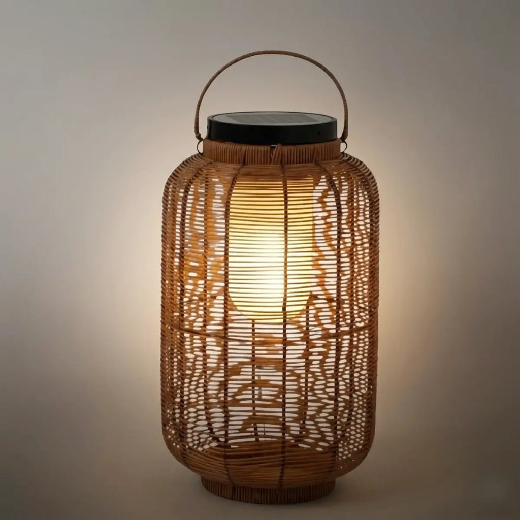 Farmhouse Floor Lamp -Metal/Rattan Lantern in Natural Wood Color Garden - Flindria