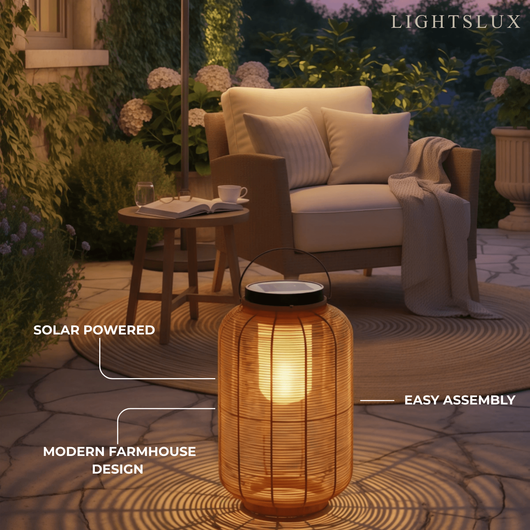 Farmhouse Floor Lamp -Metal/Rattan Lantern in Natural Wood Color Garden - Flindria