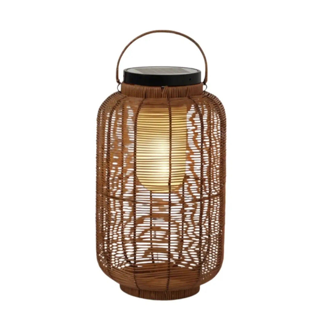 Farmhouse Floor Lamp -Metal/Rattan Lantern in Natural Wood Color Garden - Flindria