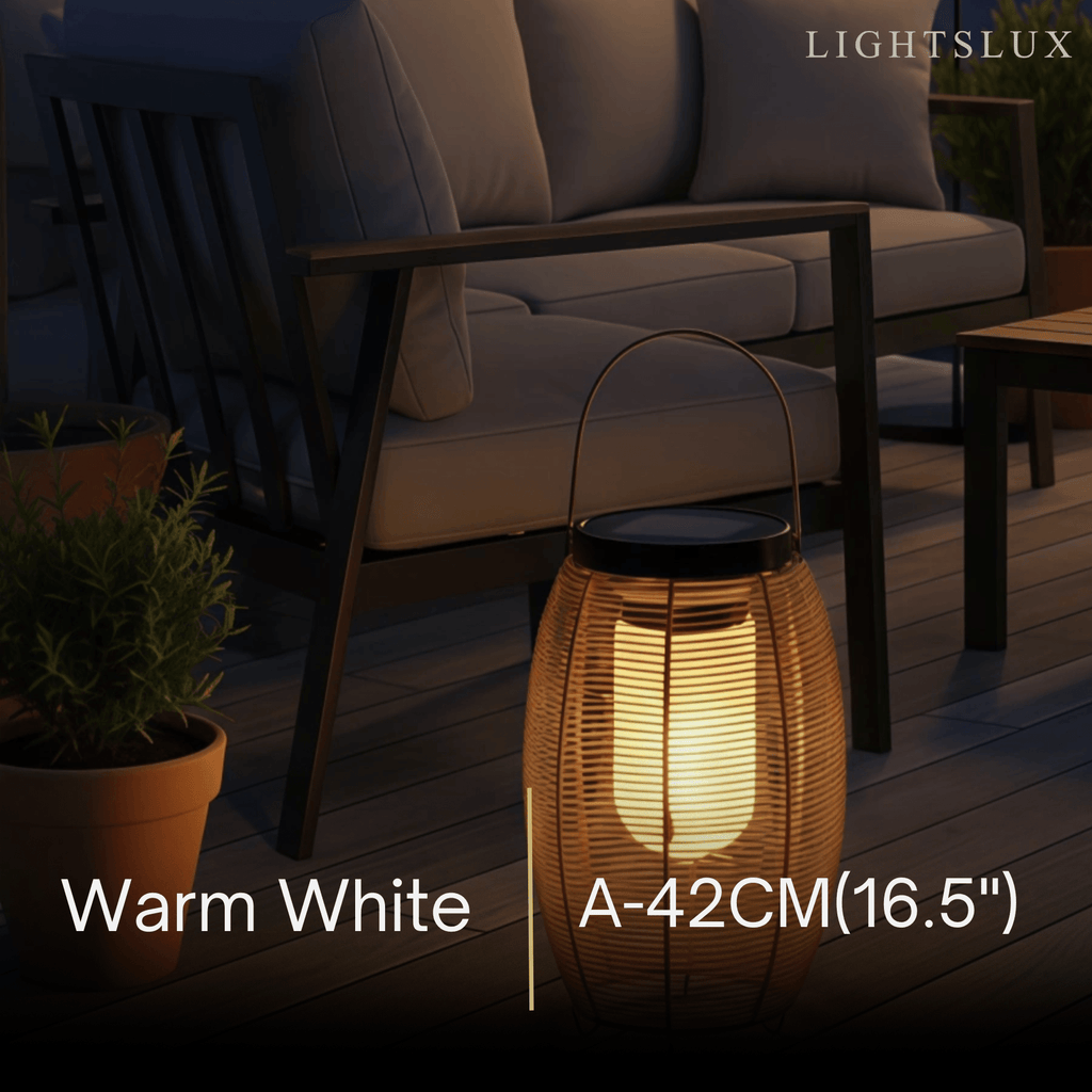 Farmhouse Floor Lamp -Metal/Rattan Lantern in Natural Wood Color Garden - Flindria