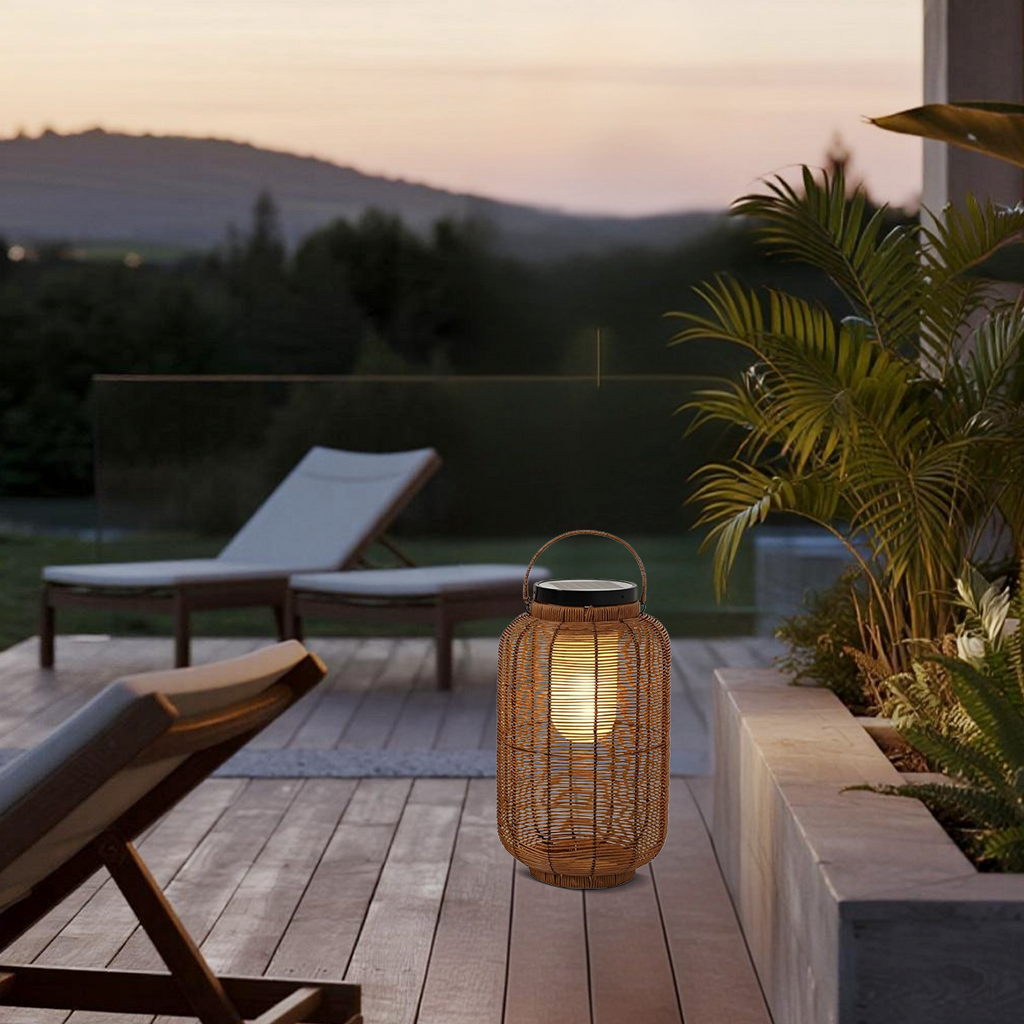 Farmhouse Floor Lamp -Metal/Rattan Lantern in Natural Wood Color Garden - Flindria