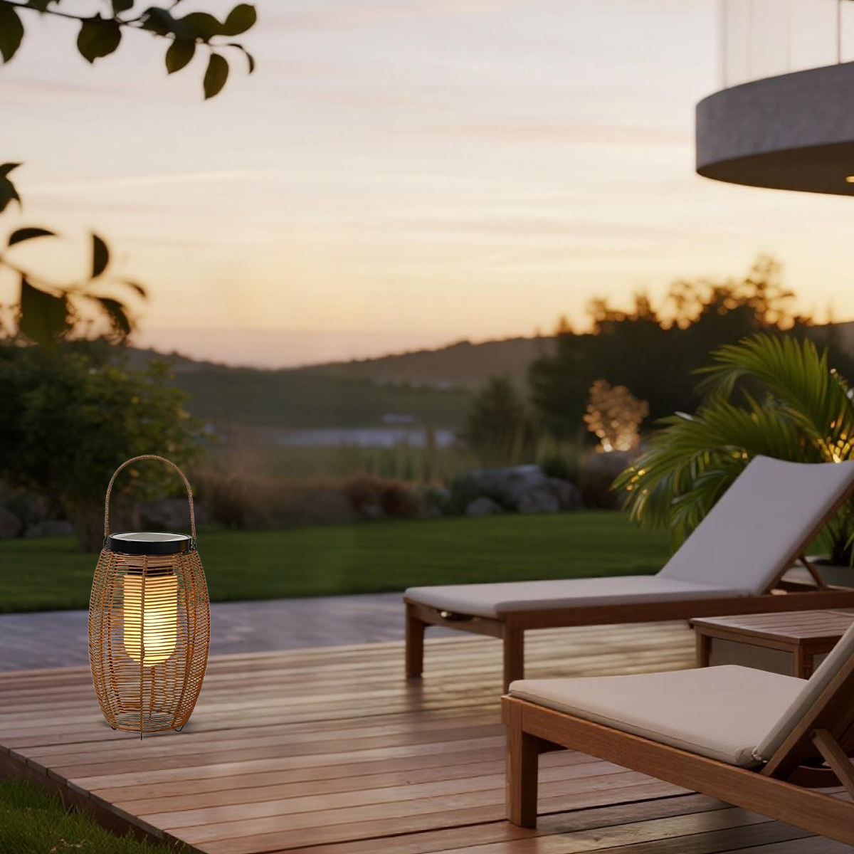 Farmhouse Floor Lamp -Metal/Rattan Lantern in Natural Wood Color Garden - Flindria