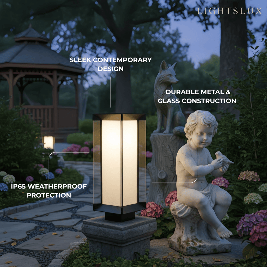 Modern Outdoor Floor Lamp - Black Cuboid Metal & Glass with RGB Lighting - Flindria