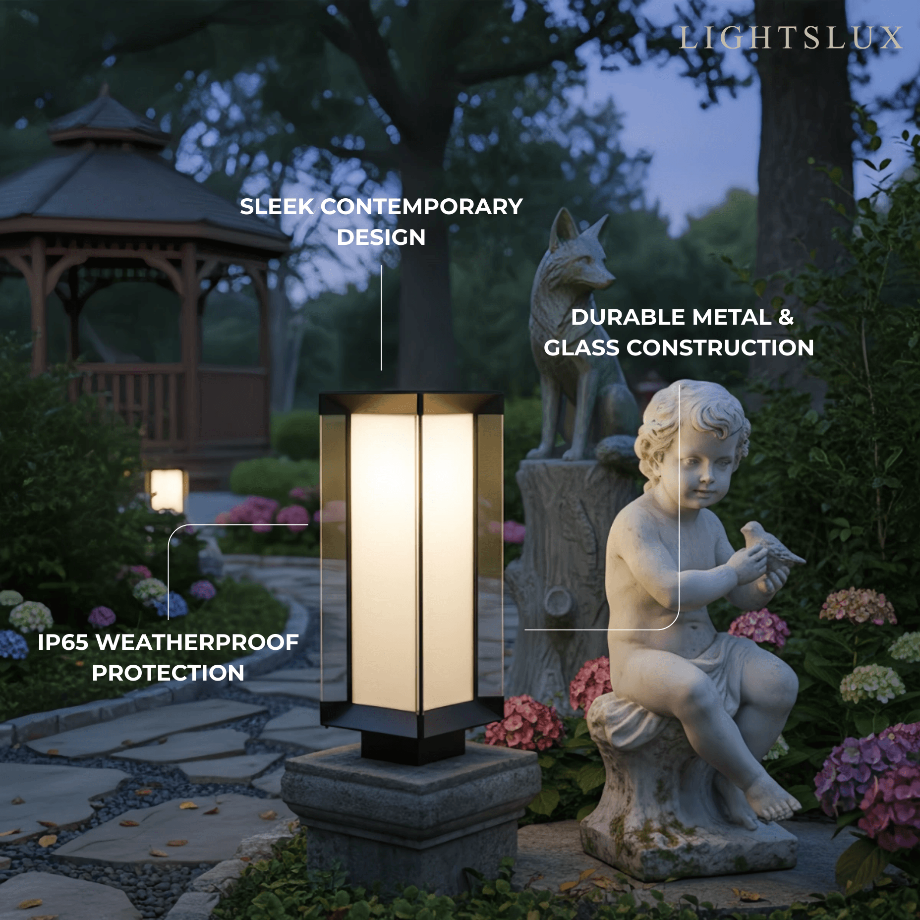 Modern Outdoor Floor Lamp - Black Cuboid Metal & Glass with RGB Lighting - Flindria